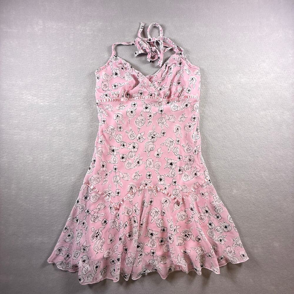Vtg Y2K La Belle pink floral halter babydoll mini dress - fairy whimsical size S
